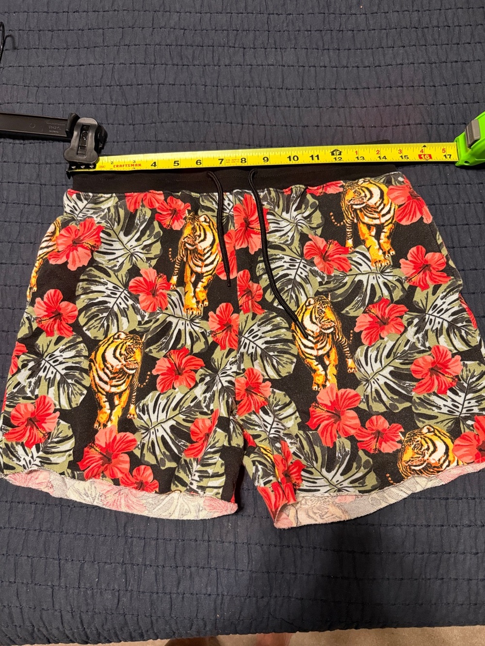 No Boundaries Black Athletic Shorts with Red Hibiscus & Yellow Tiger Print